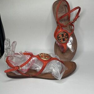 Tory Burch Sz 8.5 Orange Leather Ankle Strap Flat Sandals